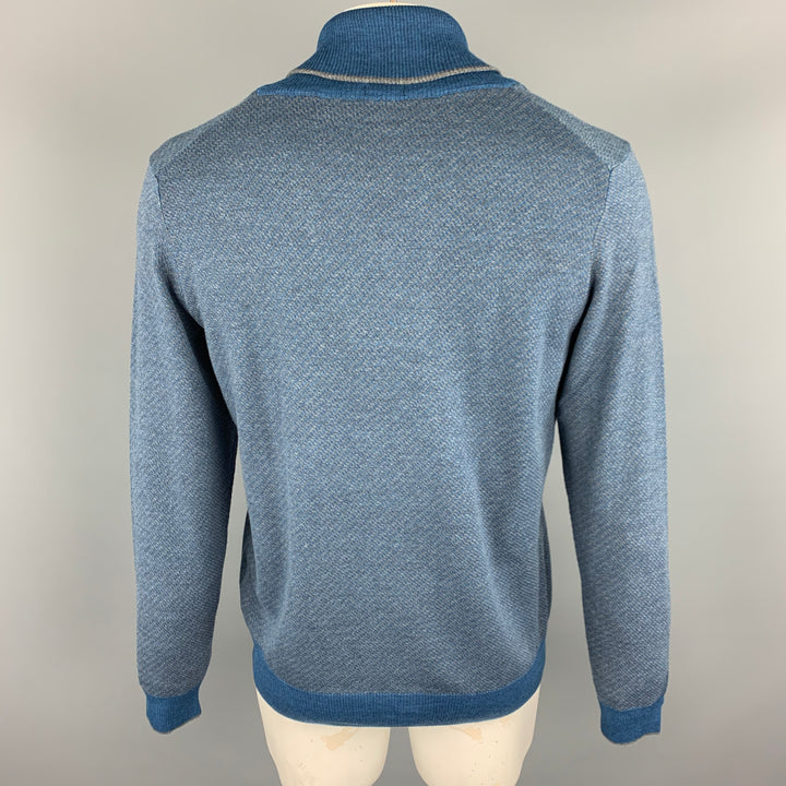 HUGO BOSS Size XL Blue & Grey Knitted Merino Wool Shawl Collar Pullover Sweater