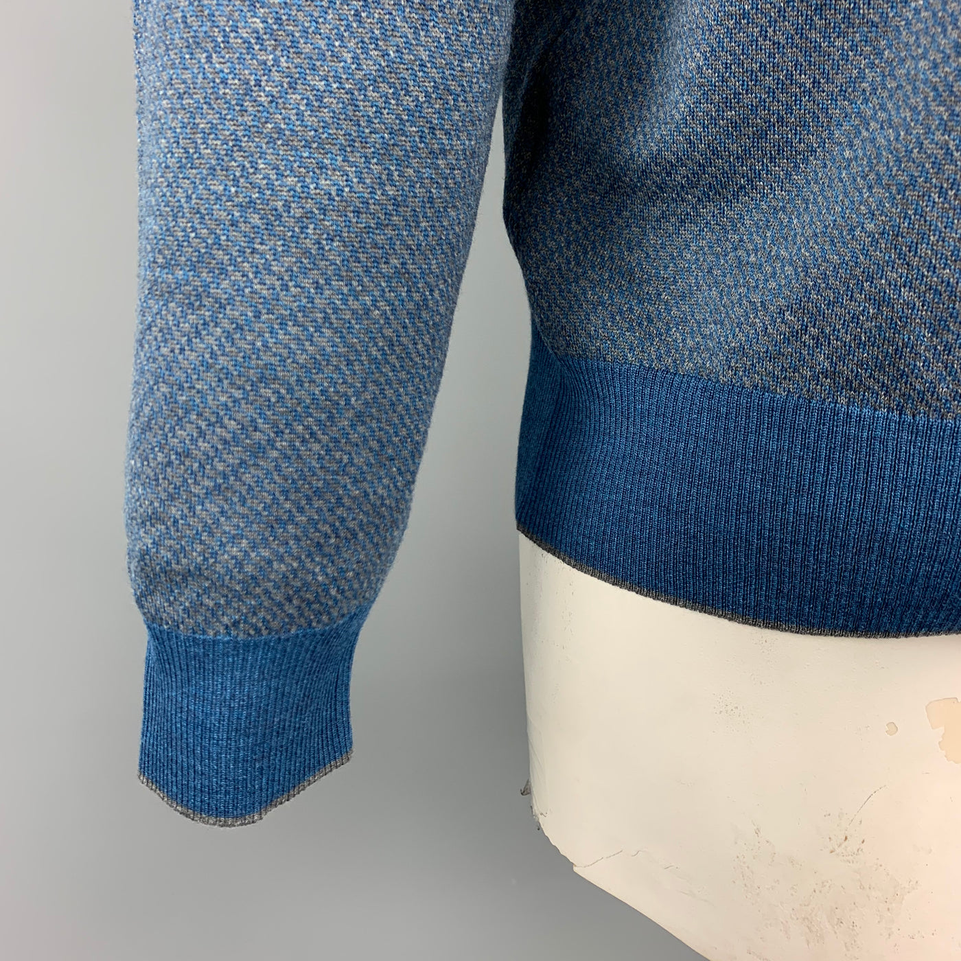 HUGO BOSS Size XL Blue & Grey Knitted Merino Wool Shawl Collar Pullover Sweater