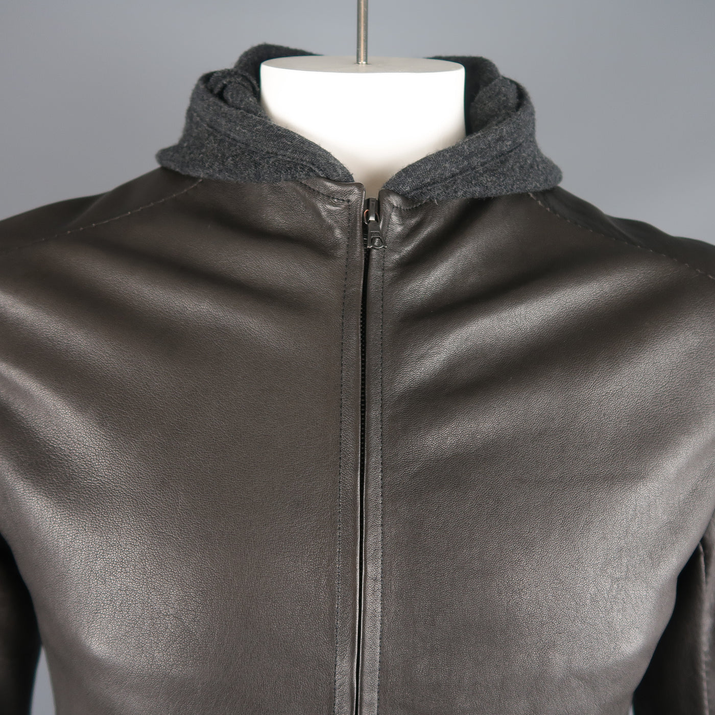 ISAAC SELLAM L Dark Gray Leather Extended Liner Hooded Jacket