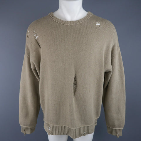 ISABEL BENENATO Size L Beige Distressed Destroyed Cotton Pullover Sweater ISABEL BENENATO