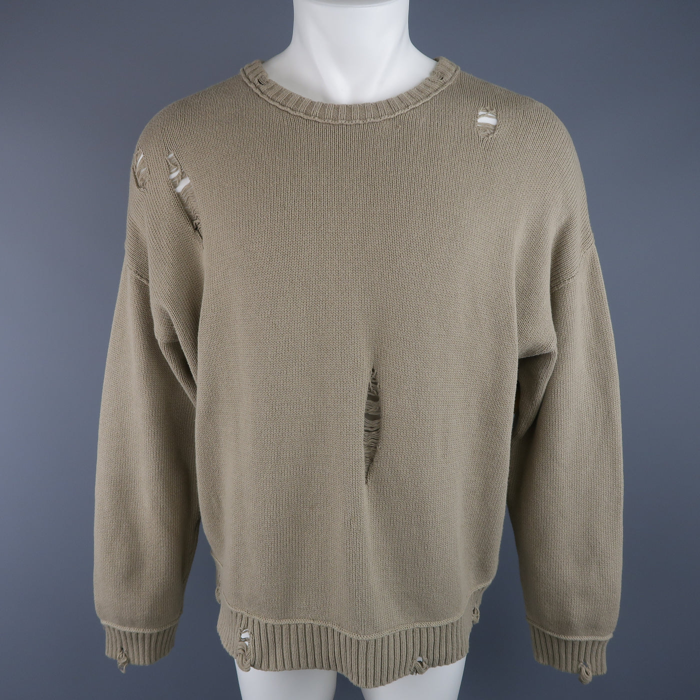 ISABEL BENENATO Size L Beige Distressed Destroyed Cotton Pullover Sweater