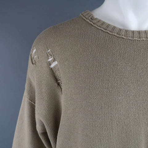 ISABEL BENENATO Size L Beige Distressed Destroyed Cotton Pullover Sweater ISABEL BENENATO