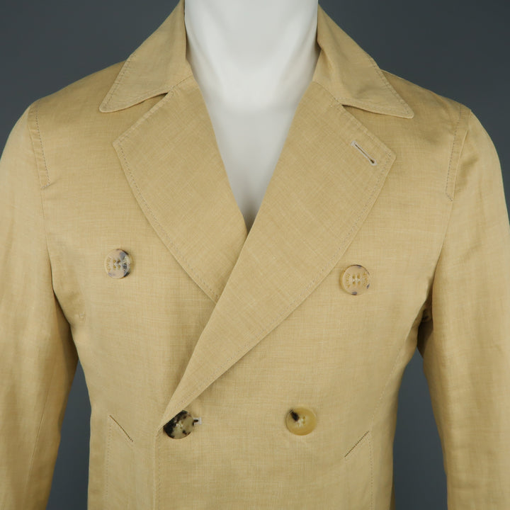 ISAIA 40 / IT 50 Khaki Cotton & Linen Chambray Double Breasted Peacoat Jacket