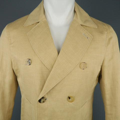 ISAIA 40 / IT 50 Khaki Cotton & Linen Chambray Double Breasted Peacoat Jacket ISAIA