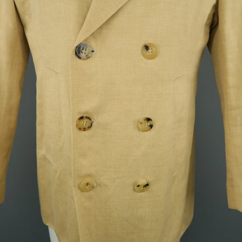 ISAIA 40 / IT 50 Khaki Cotton & Linen Chambray Double Breasted Peacoat Jacket ISAIA