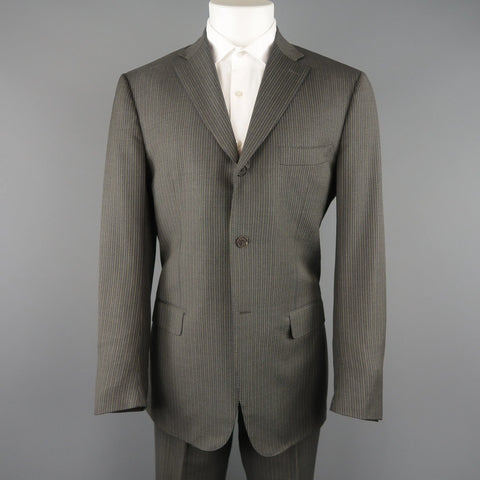 ISAIA 42 Regular Gray & Gold Pinstripe Wool 3 Button Notch Lapel  Suit ISAIA