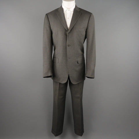 ISAIA 42 Regular Gray & Gold Pinstripe Wool 3 Button Notch Lapel  Suit ISAIA