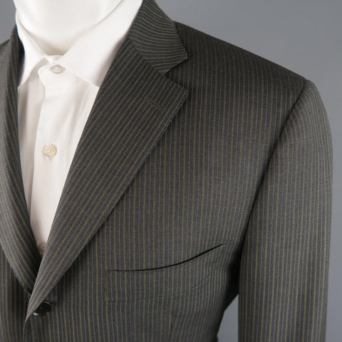 ISAIA 42 Regular Gray & Gold Pinstripe Wool 3 Button Notch Lapel  Suit ISAIA