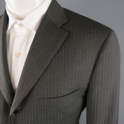 ISAIA 42 Regular Gray & Gold Pinstripe Wool 3 Button Notch Lapel  Suit