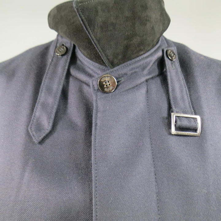 ISAIA US 44 / IT 54 Navy Cashmere Twill Hidden Placket Collar Coat
