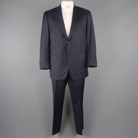 ISAIA 44 Regular Navy Striped Wool Single Breasted Notch Lapel  Suit ISAIA