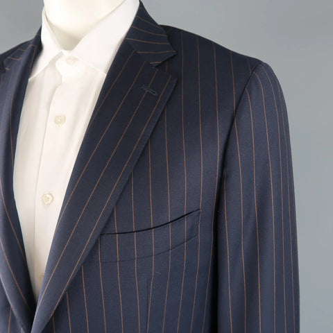 ISAIA 44 Regular Navy Striped Wool Single Breasted Notch Lapel  Suit ISAIA
