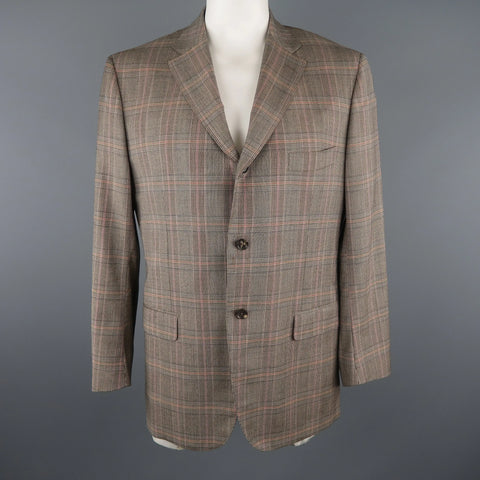 ISAIA Size 46 Long Brown Plaid Wool Notch Lapel Sport Coat ISAIA