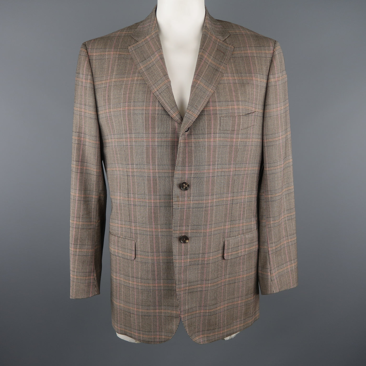 ISAIA Chest Size 46 Long Brown Plaid Wool Notch Lapel Sport Coat