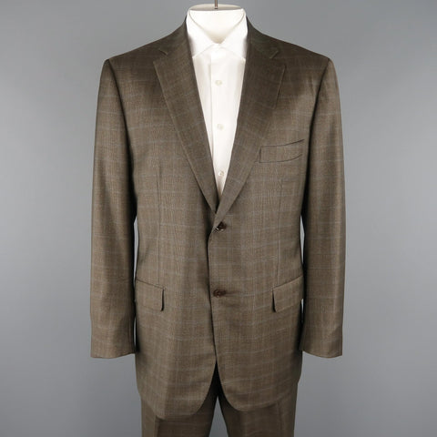 ISAIA 48 Long Brown Window Pane Wool Single Breasted 2 Button Suit ISAIA