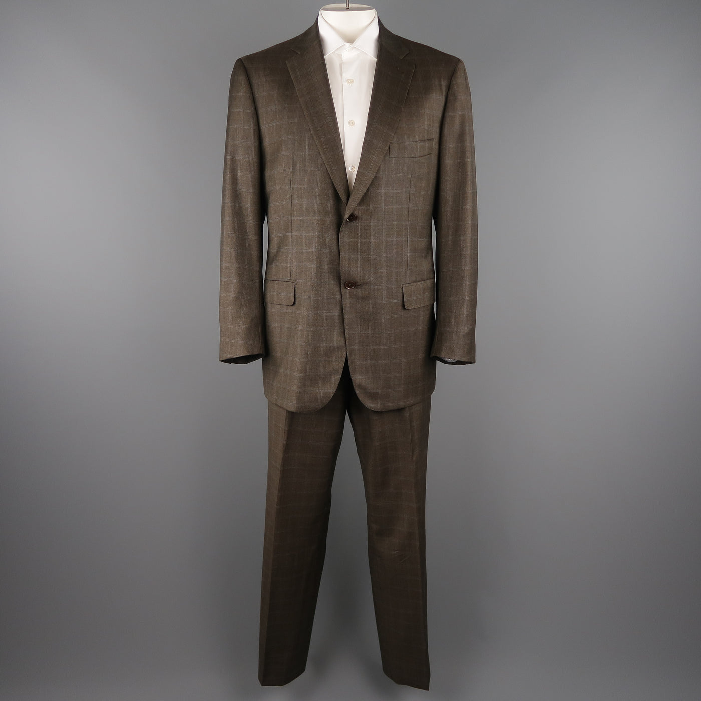 ISAIA 48 Long Brown Window Pane Wool Single Breasted 2 Button Suit