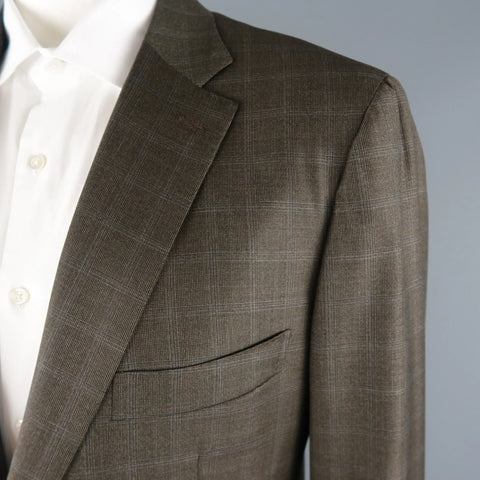 ISAIA 48 Long Brown Window Pane Wool Single Breasted 2 Button Suit ISAIA