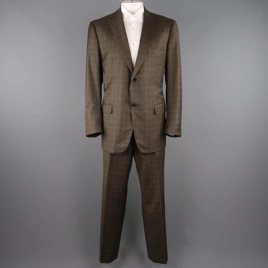 ISAIA 48 Long Brown Window Pane Wool Single Breasted 2 Button Suit