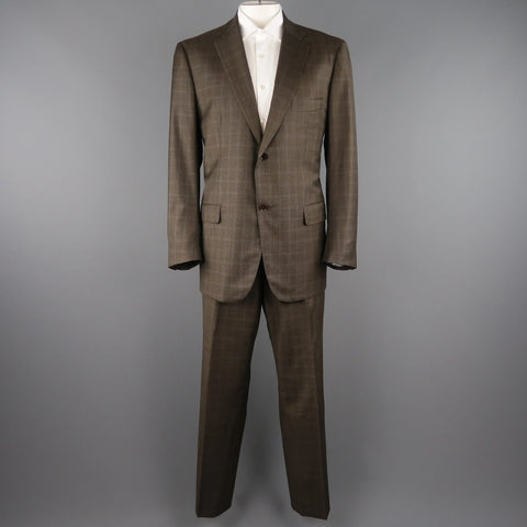 ISAIA 48 Long Brown Window Pane Wool Single Breasted 2 Button Suit ISAIA