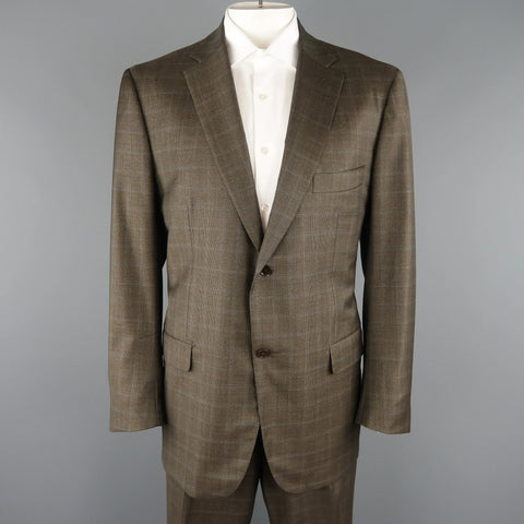 ISAIA 48 Long Brown Window Pane Wool Single Breasted 2 Button Suit ISAIA