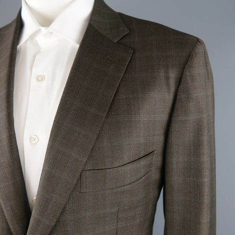 ISAIA 48 Long Brown Window Pane Wool Single Breasted 2 Button Suit ISAIA