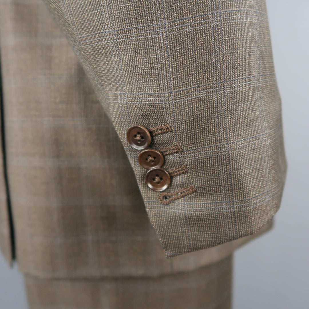 ISAIA 48 Traje largo de lana con panel de ventana marrón con botonadura simple y 2 botones