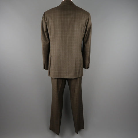 ISAIA 48 Long Brown Window Pane Wool Single Breasted 2 Button Suit ISAIA