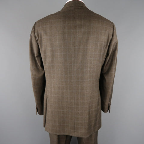 ISAIA 48 Long Brown Window Pane Wool Single Breasted 2 Button Suit ISAIA