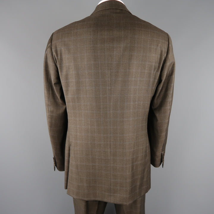 ISAIA 48 Traje largo de lana con panel de ventana marrón con botonadura simple y 2 botones