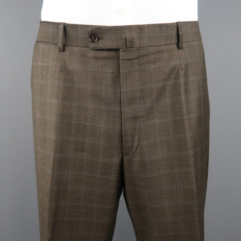 ISAIA 48 Long Brown Window Pane Wool Single Breasted 2 Button Suit ISAIA