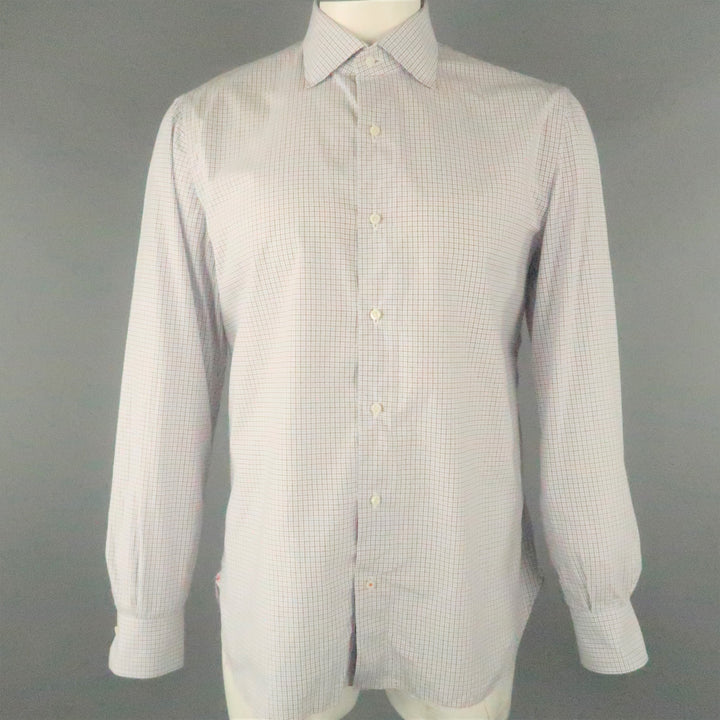 ISAIA Size L White & Blue Plaid Cotton Button Up Long Sleeve Shirt