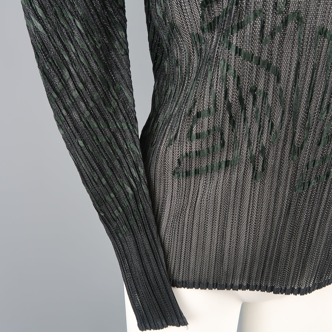 ISSEY MIYAKE Size M Black Pleated Green Ribbon Pattern Mesh Pullover