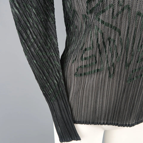 ISSEY MIYAKE Size M Black Pleated Green Ribbon Pattern Mesh Pullover ISSEY MIYAKE