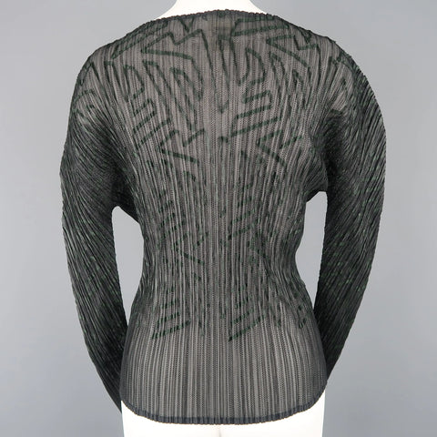ISSEY MIYAKE Size M Black Pleated Green Ribbon Pattern Mesh Pullover ISSEY MIYAKE