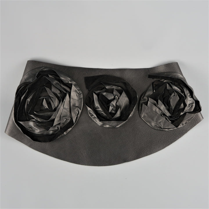 IVAN GRUNDAHL Size M Black Leather Thick Suede Floral Belt