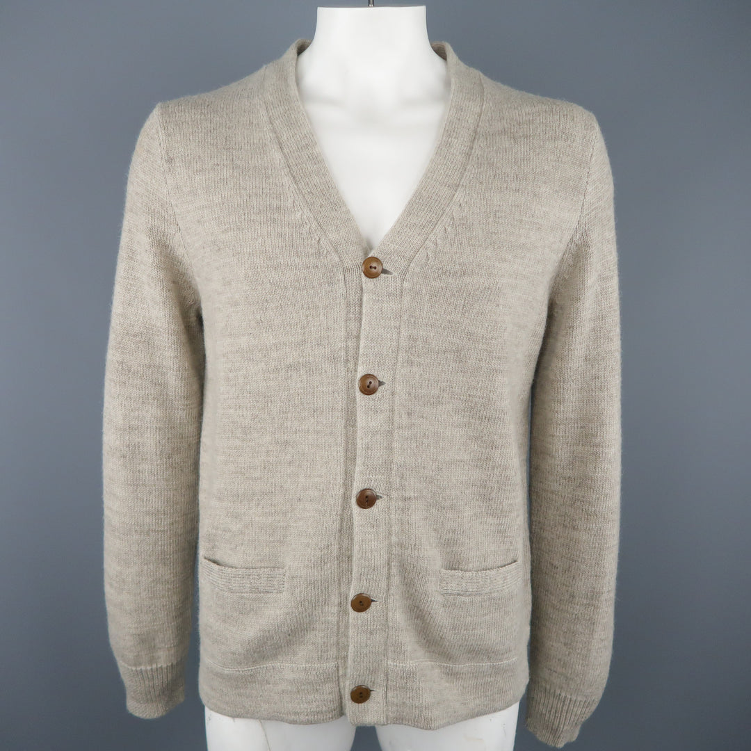 J CREW Size L Beige Wool V Neck Pocket Suede Elbow Cardigan Sweater