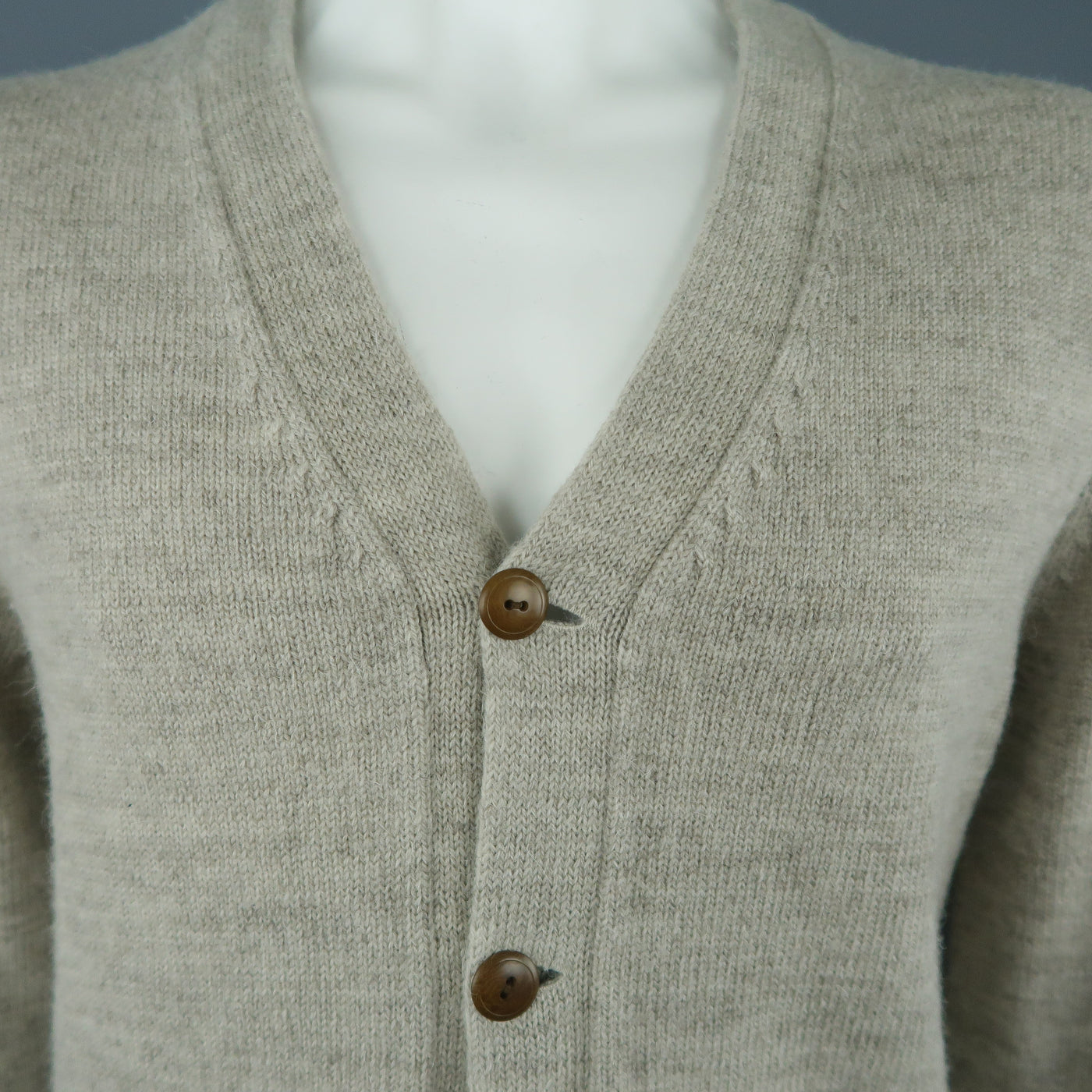 J CREW Size L Beige Wool V Neck Pocket Suede Elbow Cardigan Sweater