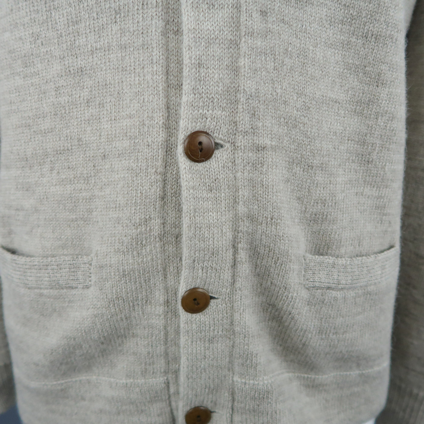 J CREW Size L Beige Wool V Neck Pocket Suede Elbow Cardigan Sweater