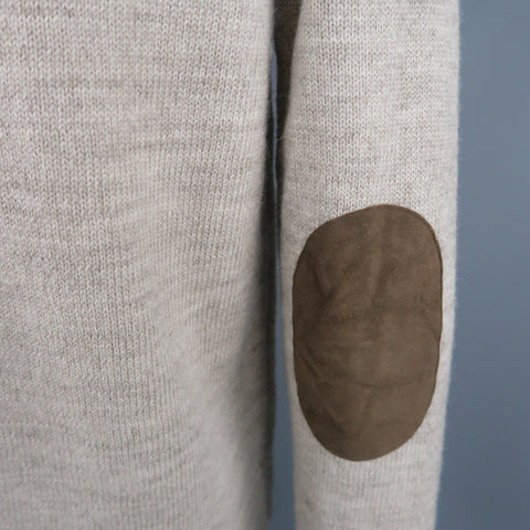 J CREW Size L Beige Wool V Neck Pocket Suede Elbow Cardigan Sweater