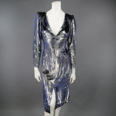 JEAN-LOUIS SCHERRER 2 Silver & Navy Metallic Velvet Long Sleeve Sheath Dress JEAN-LOUIS SCHERRER