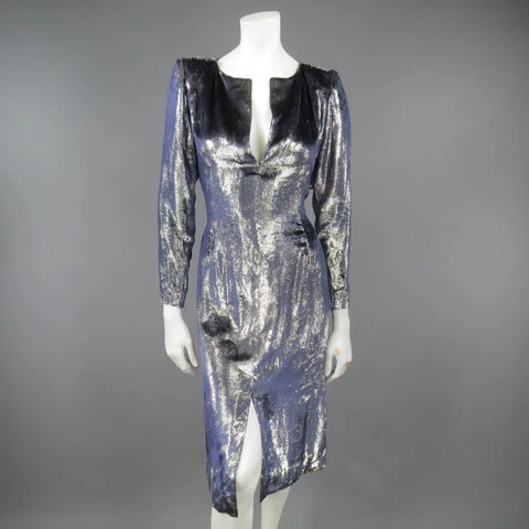 JEAN-LOUIS SCHERRER 2 Silver & Navy Metallic Velvet Long Sleeve Sheath Dress JEAN-LOUIS SCHERRER