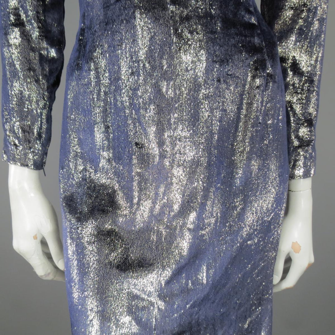 JEAN-LOUIS SCHERRER 2 Silver & Navy Metallic Velvet Long Sleeve Sheath Dress