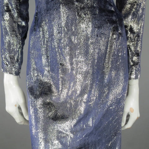 JEAN-LOUIS SCHERRER 2 Silver & Navy Metallic Velvet Long Sleeve Sheath Dress JEAN-LOUIS SCHERRER