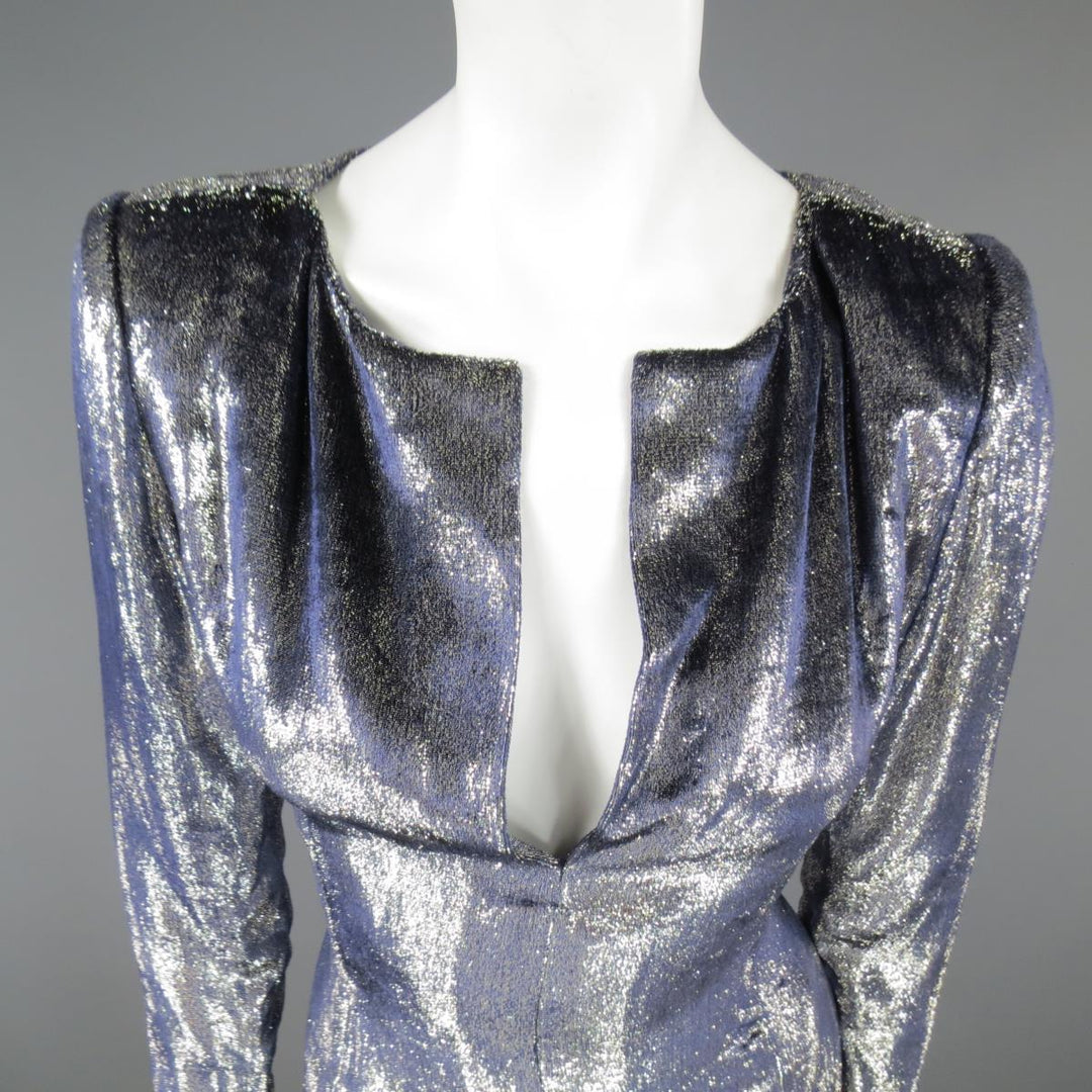 JEAN-LOUIS SCHERRER 2 Silver & Navy Metallic Velvet Long Sleeve Sheath Dress