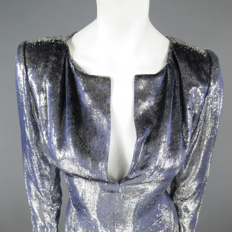 JEAN-LOUIS SCHERRER 2 Silver & Navy Metallic Velvet Long Sleeve Sheath Dress JEAN-LOUIS SCHERRER