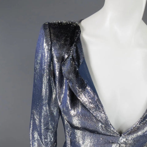JEAN-LOUIS SCHERRER 2 Silver & Navy Metallic Velvet Long Sleeve Sheath Dress JEAN-LOUIS SCHERRER