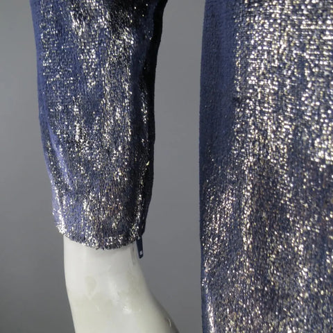 JEAN-LOUIS SCHERRER 2 Silver & Navy Metallic Velvet Long Sleeve Sheath Dress JEAN-LOUIS SCHERRER