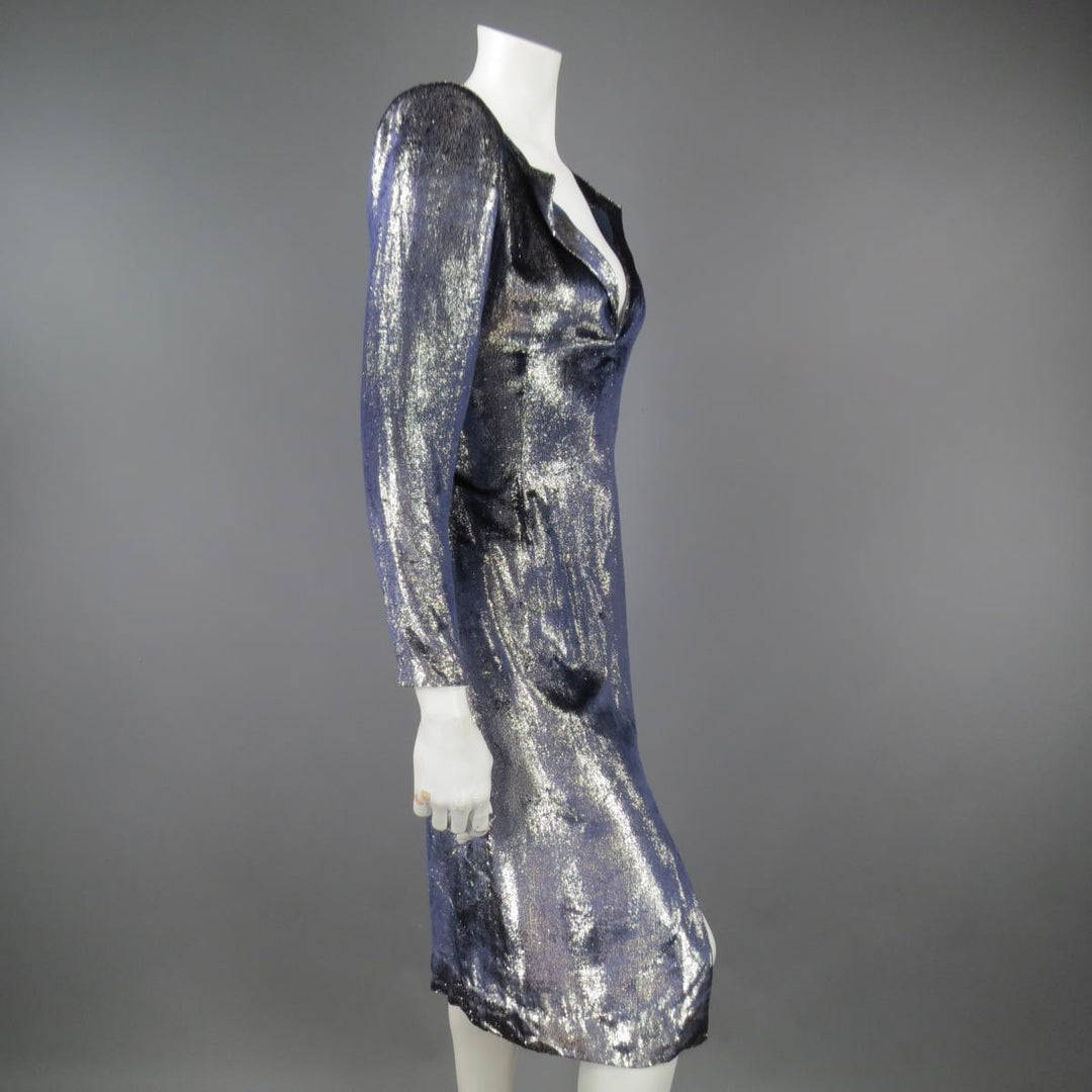 JEAN-LOUIS SCHERRER 2 Robe fourreau à manches longues en velours métallisé argent et bleu marine 