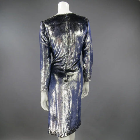 JEAN-LOUIS SCHERRER 2 Silver & Navy Metallic Velvet Long Sleeve Sheath Dress JEAN-LOUIS SCHERRER