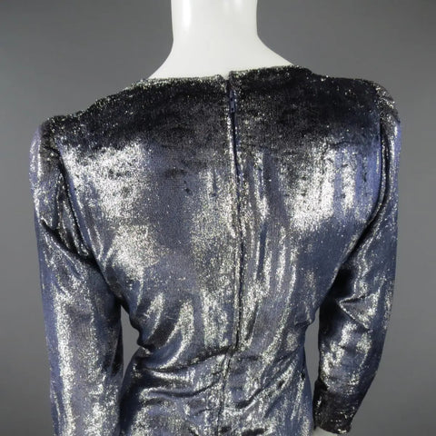JEAN-LOUIS SCHERRER 2 Silver & Navy Metallic Velvet Long Sleeve Sheath Dress JEAN-LOUIS SCHERRER